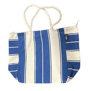 Lancome Tote Canvas Large Beach Bag Blue & White Stripe Rope Handles New 18x14x5